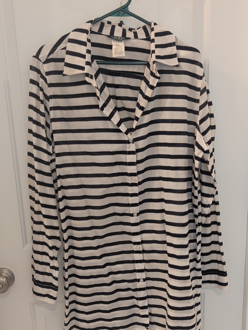 Lauren Ralph Lauren Navy Or Black  and White Striped Button-Down Shirt Cover Up